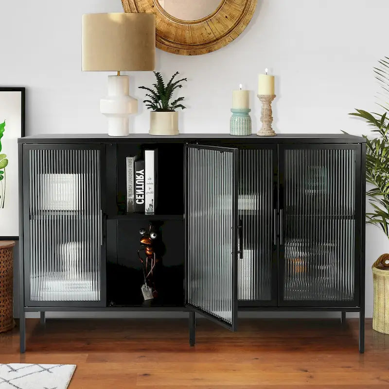 4-Door Tempered Glass Cabinet with 4 Glass Doors Adjustable Shelf and Feet Anti-Tip Dust-free Fluted Glass Kitchen Credenza