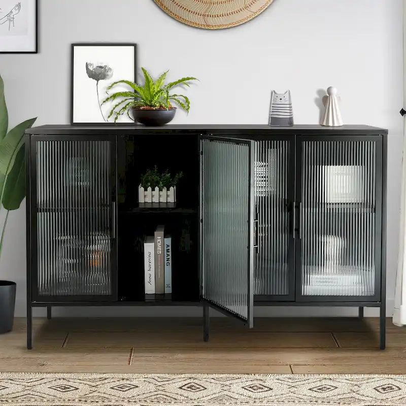 4-Door Tempered Glass Cabinet with 4 Glass Doors Adjustable Shelf and Feet Anti-Tip Dust-free Fluted Glass Kitchen Credenza