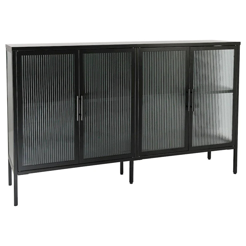 4-Door Tempered Glass Cabinet with 4 Glass Doors Adjustable Shelf and Feet Anti-Tip Dust-free Fluted Glass Kitchen Credenza