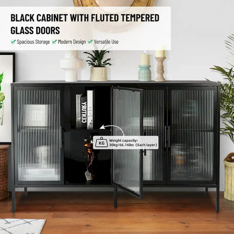 4-Door Tempered Glass Cabinet with 4 Glass Doors Adjustable Shelf and Feet Anti-Tip Dust-free Fluted Glass Kitchen Credenza