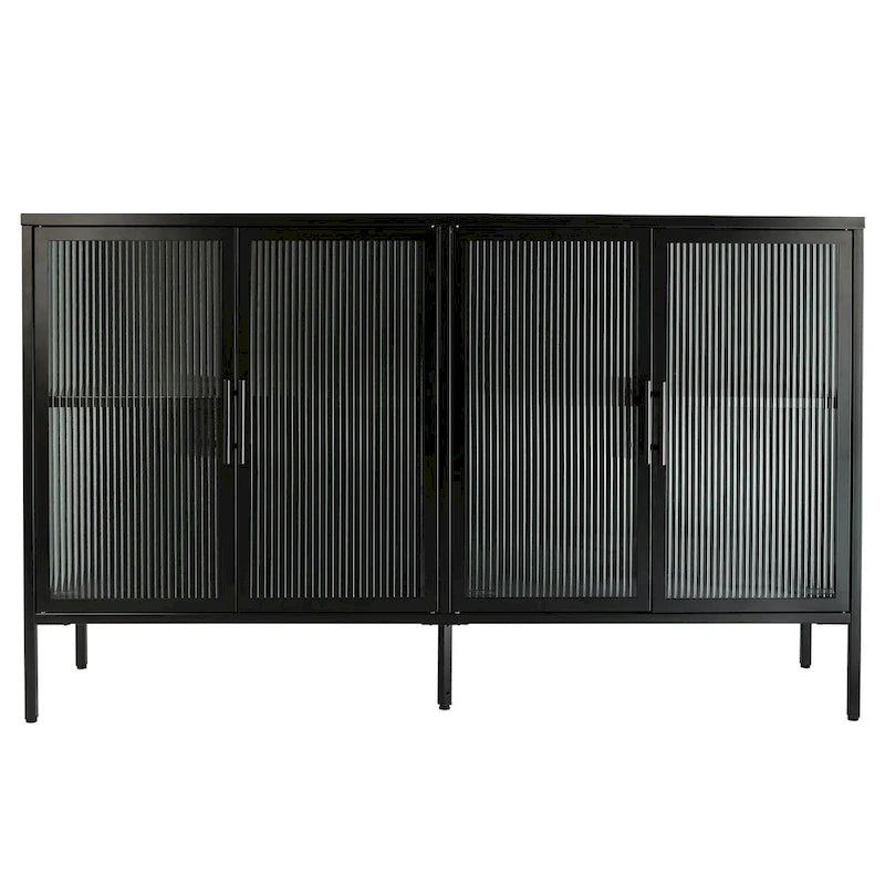 4-Door Tempered Glass Cabinet with 4 Glass Doors Adjustable Shelf and Feet Anti-Tip Dust-free Fluted Glass Kitchen Credenza
