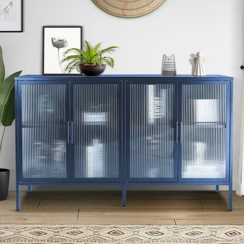 4-Door Tempered Glass Cabinet with 4 Glass Doors Adjustable Shelf and Feet Anti-Tip Dust-free Fluted Glass Kitchen Credenza