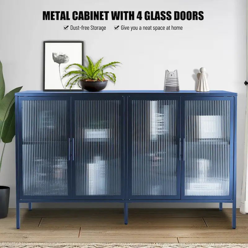 4-Door Tempered Glass Cabinet with 4 Glass Doors Adjustable Shelf and Feet Anti-Tip Dust-free Fluted Glass Kitchen Credenza