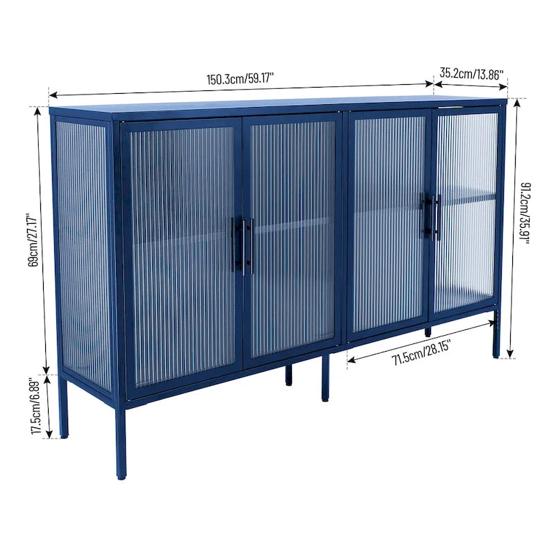 4-Door Tempered Glass Cabinet with 4 Glass Doors Adjustable Shelf and Feet Anti-Tip Dust-free Fluted Glass Kitchen Credenza