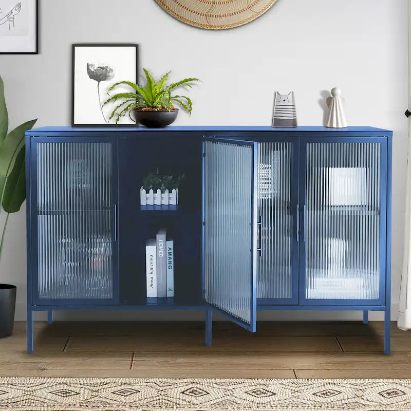 4-Door Tempered Glass Cabinet with 4 Glass Doors Adjustable Shelf and Feet Anti-Tip Dust-free Fluted Glass Kitchen Credenza