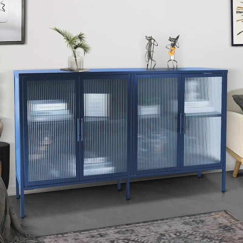 4-Door Tempered Glass Cabinet with 4 Glass Doors Adjustable Shelf and Feet Anti-Tip Dust-free Fluted Glass Kitchen Credenza