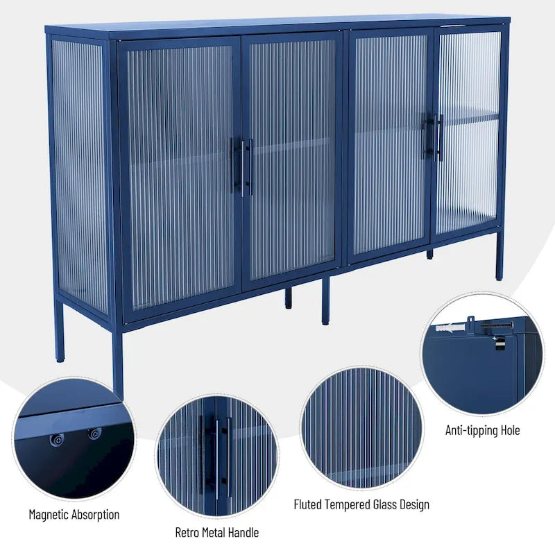4-Door Tempered Glass Cabinet with 4 Glass Doors Adjustable Shelf and Feet Anti-Tip Dust-free Fluted Glass Kitchen Credenza