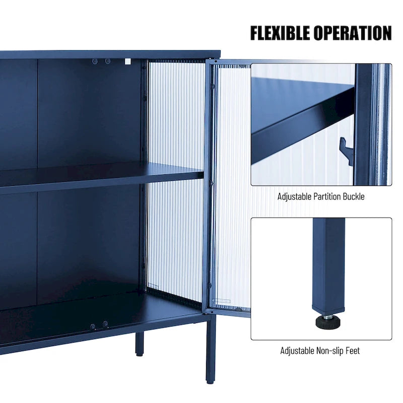 4-Door Tempered Glass Cabinet with 4 Glass Doors Adjustable Shelf and Feet Anti-Tip Dust-free Fluted Glass Kitchen Credenza