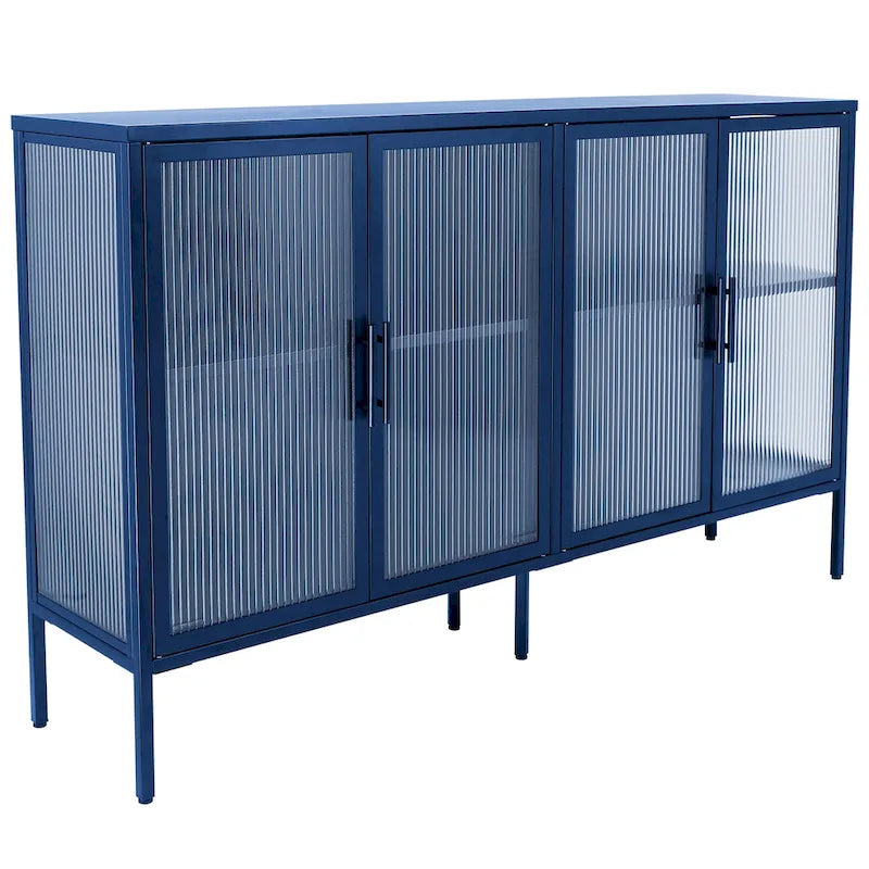 4-Door Tempered Glass Cabinet with 4 Glass Doors Adjustable Shelf and Feet Anti-Tip Dust-free Fluted Glass Kitchen Credenza