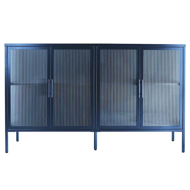 4-Door Tempered Glass Cabinet with 4 Glass Doors Adjustable Shelf and Feet Anti-Tip Dust-free Fluted Glass Kitchen Credenza