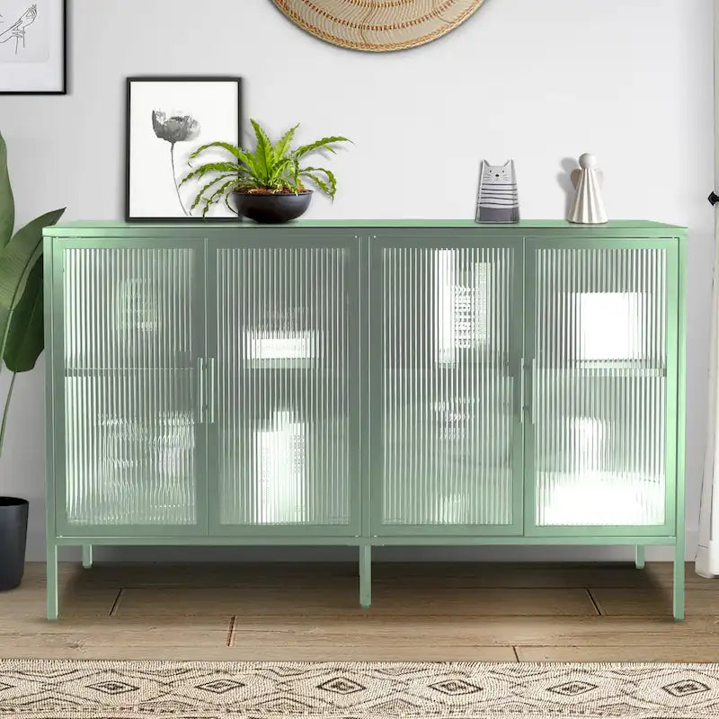 4-Door Tempered Glass Cabinet with 4 Glass Doors Adjustable Shelf and Feet Anti-Tip Dust-free Fluted Glass Kitchen Credenza