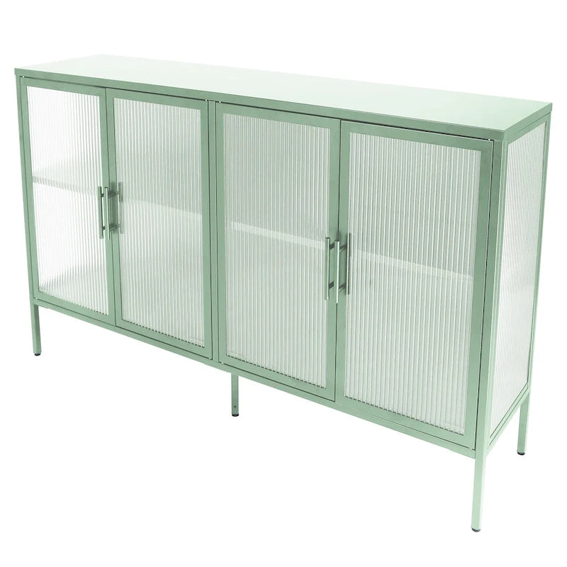 4-Door Tempered Glass Cabinet with 4 Glass Doors Adjustable Shelf and Feet Anti-Tip Dust-free Fluted Glass Kitchen Credenza