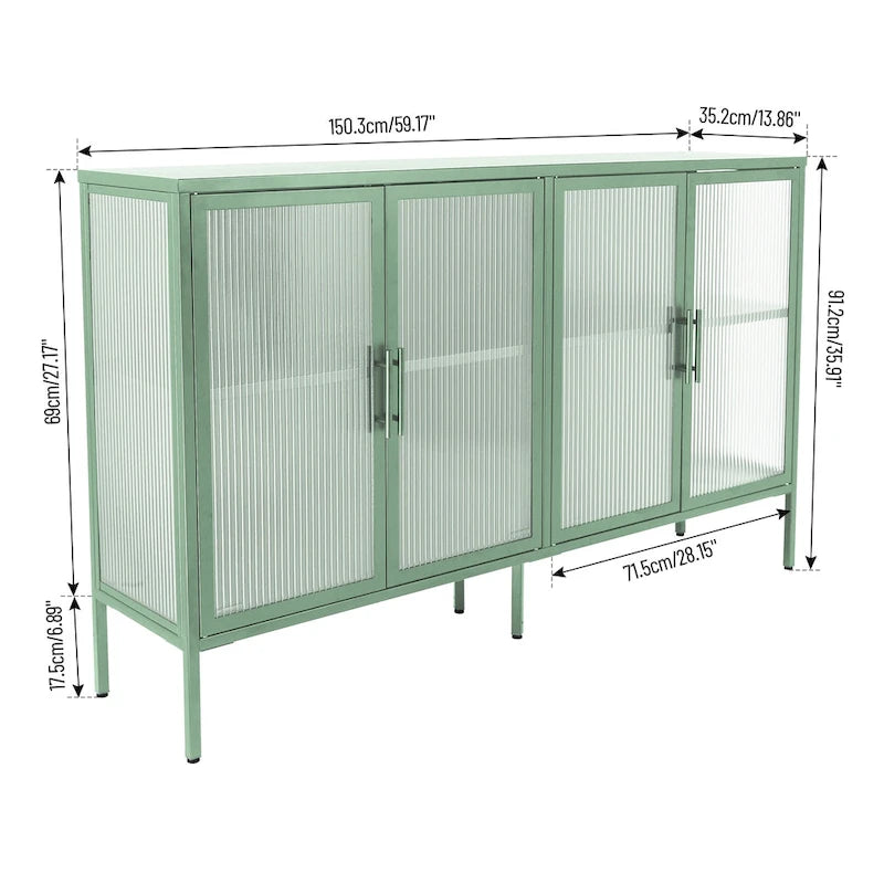 4-Door Tempered Glass Cabinet with 4 Glass Doors Adjustable Shelf and Feet Anti-Tip Dust-free Fluted Glass Kitchen Credenza