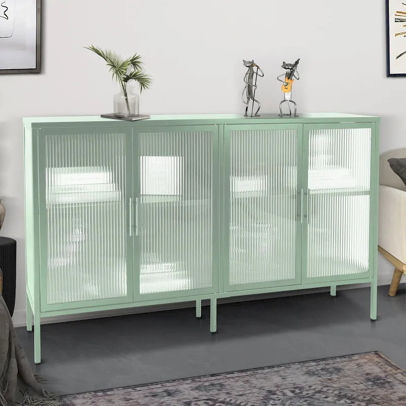 4-Door Tempered Glass Cabinet with 4 Glass Doors Adjustable Shelf and Feet Anti-Tip Dust-free Fluted Glass Kitchen Credenza