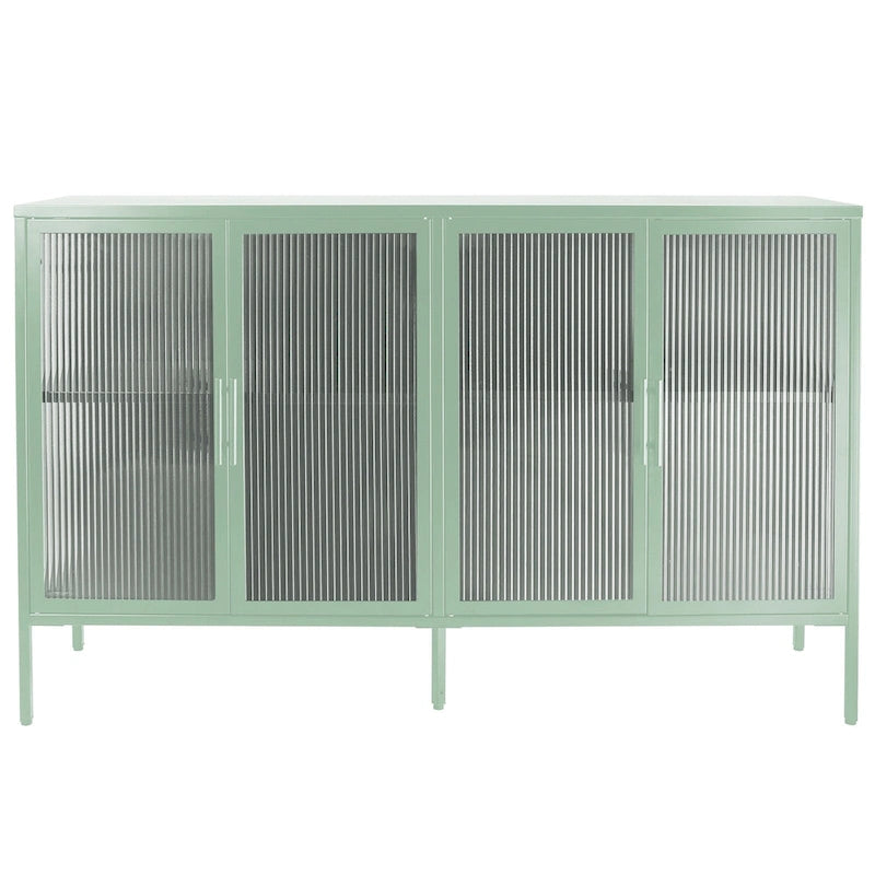 4-Door Tempered Glass Cabinet with 4 Glass Doors Adjustable Shelf and Feet Anti-Tip Dust-free Fluted Glass Kitchen Credenza