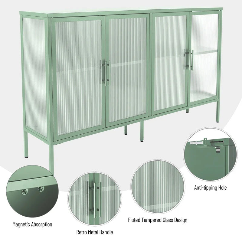 4-Door Tempered Glass Cabinet with 4 Glass Doors Adjustable Shelf and Feet Anti-Tip Dust-free Fluted Glass Kitchen Credenza