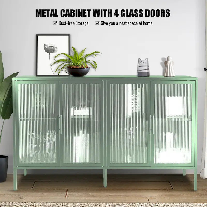 4-Door Tempered Glass Cabinet with 4 Glass Doors Adjustable Shelf and Feet Anti-Tip Dust-free Fluted Glass Kitchen Credenza