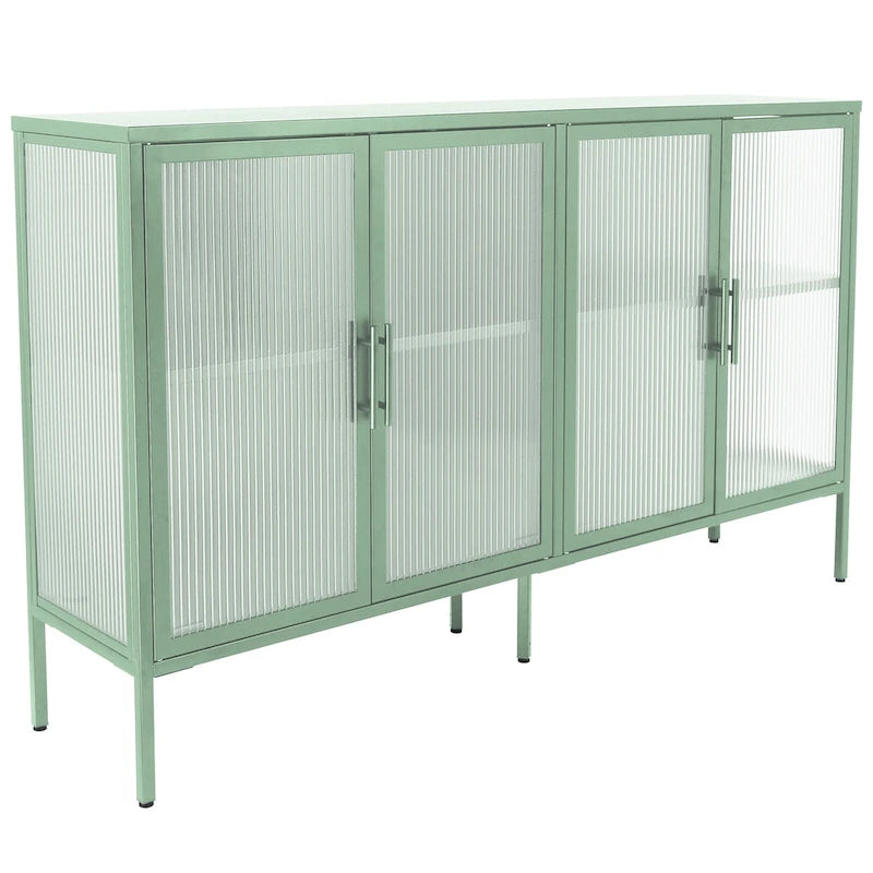 4-Door Tempered Glass Cabinet with 4 Glass Doors Adjustable Shelf and Feet Anti-Tip Dust-free Fluted Glass Kitchen Credenza