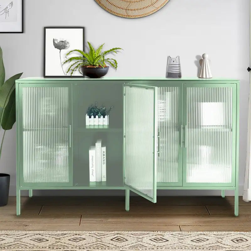 4-Door Tempered Glass Cabinet with 4 Glass Doors Adjustable Shelf and Feet Anti-Tip Dust-free Fluted Glass Kitchen Credenza