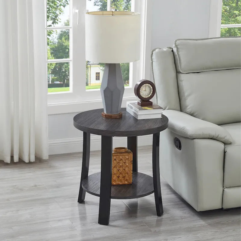 Contemporary Round Wood Shelf End Table for Bedroom or Living Room