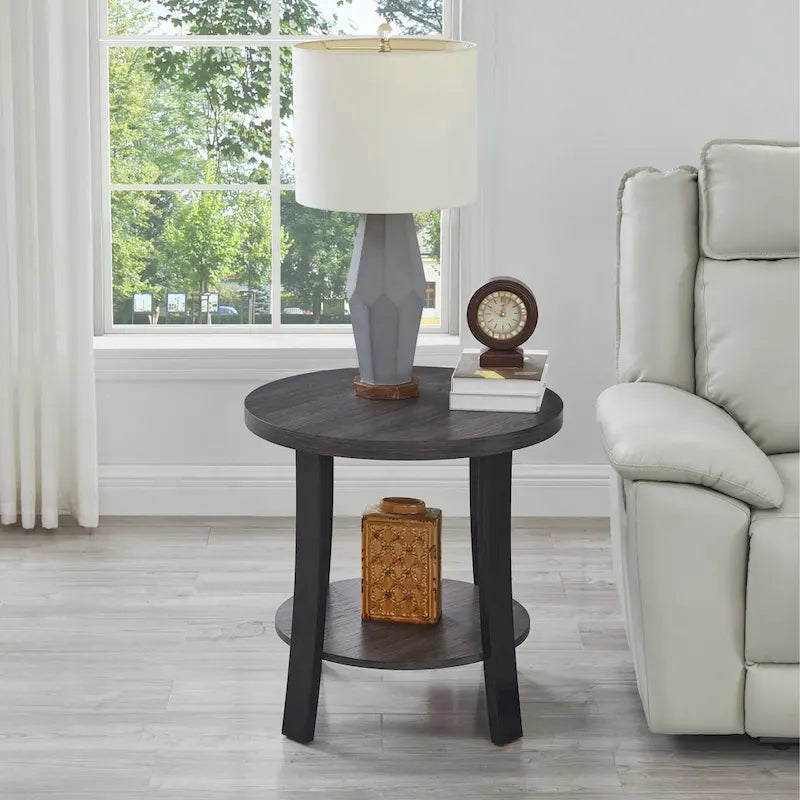 Contemporary Round Wood Shelf End Table for Bedroom or Living Room