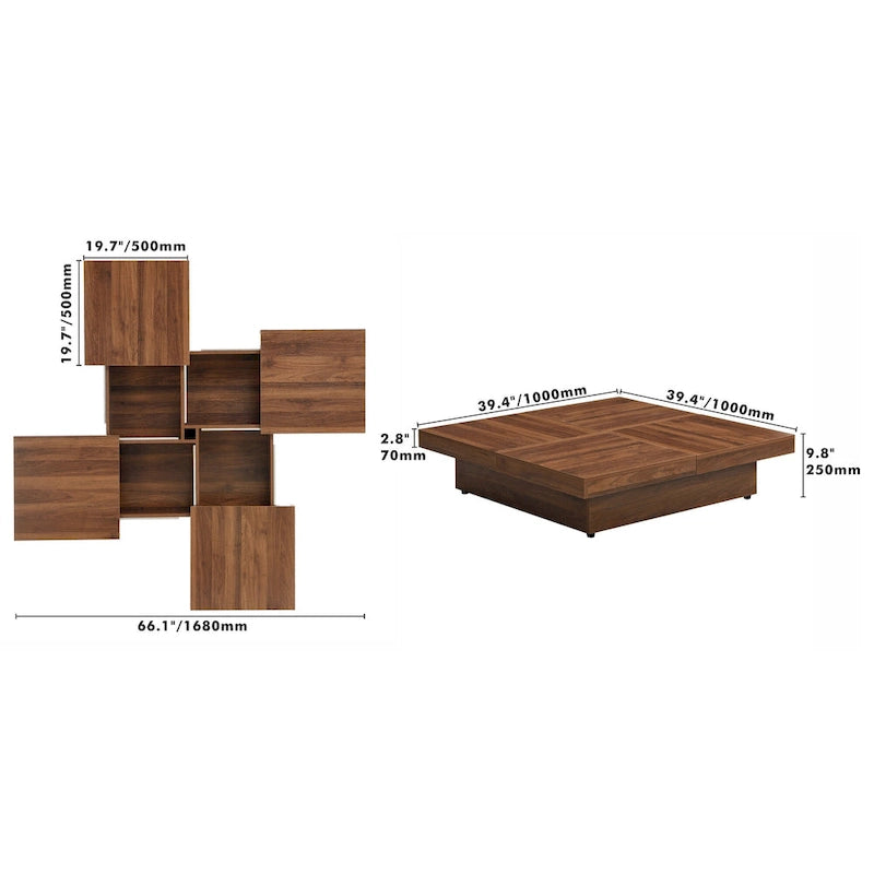 Square Marble Veneer Coffee Table Sliding Top with Storage in Walnut 39.4
