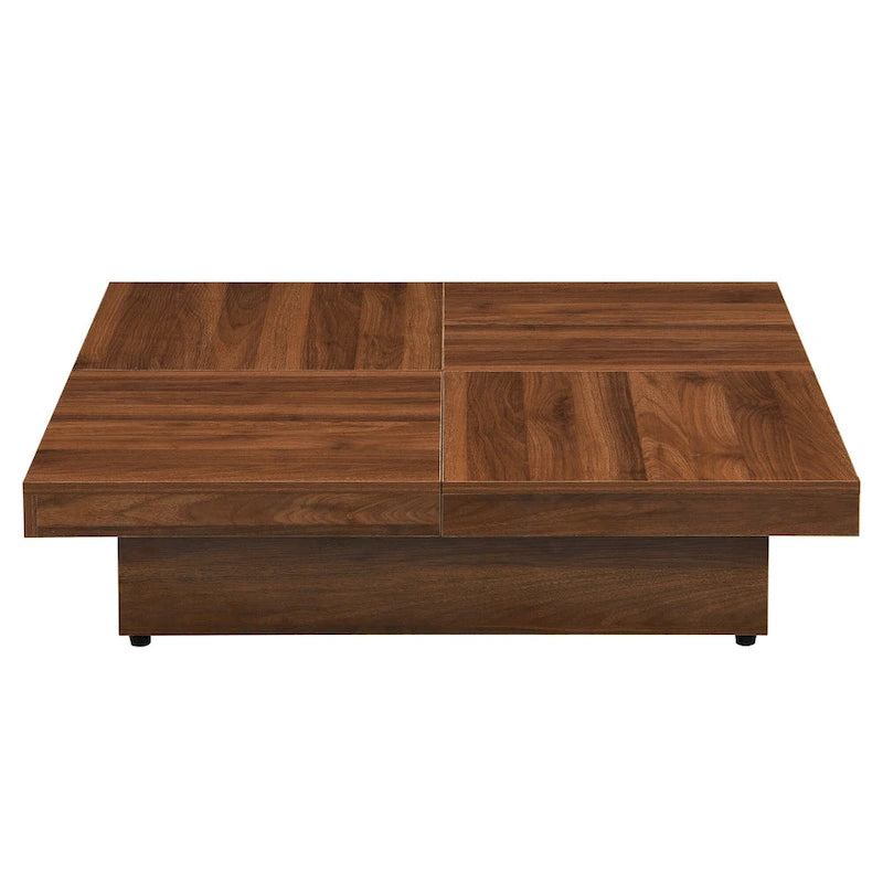 Square Marble Veneer Coffee Table Sliding Top with Storage in Walnut 39.4