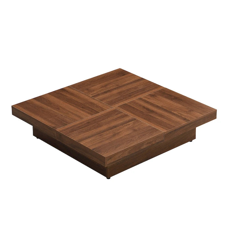 Square Marble Veneer Coffee Table Sliding Top with Storage in Walnut 39.4