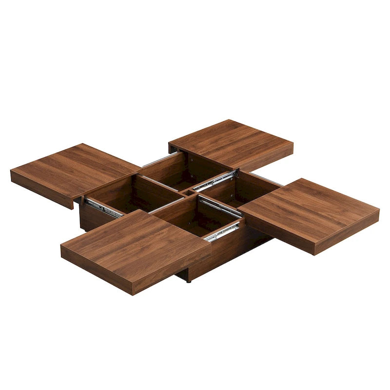 Square Marble Veneer Coffee Table Sliding Top with Storage in Walnut 39.4