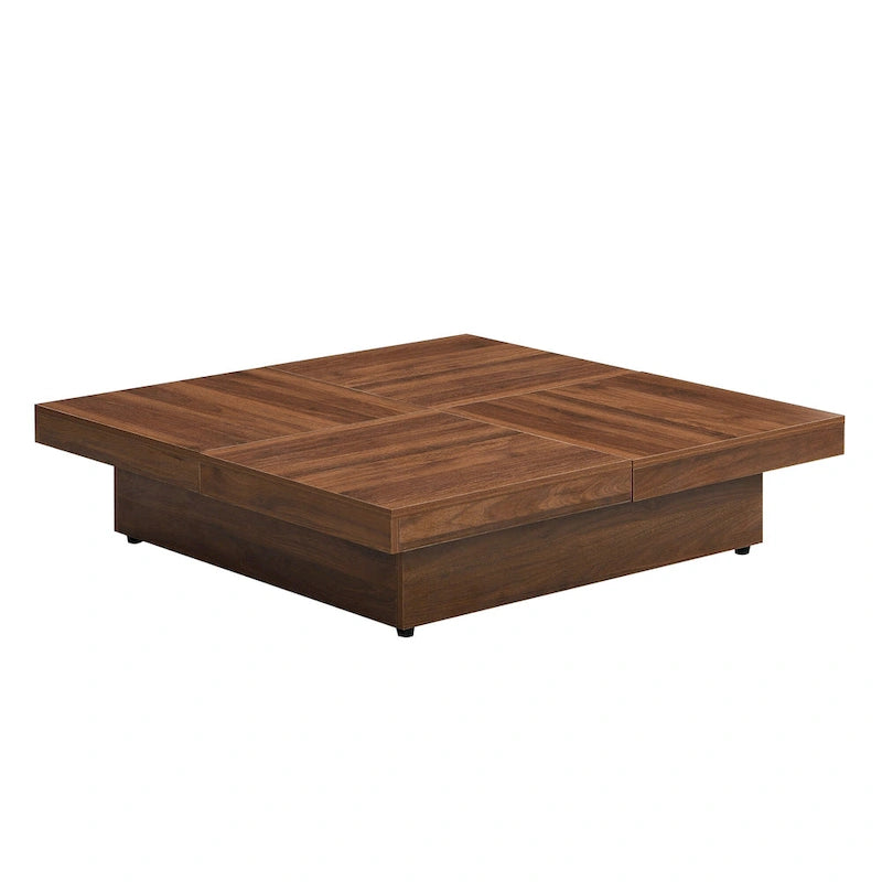 Square Marble Veneer Coffee Table Sliding Top with Storage in Walnut 39.4