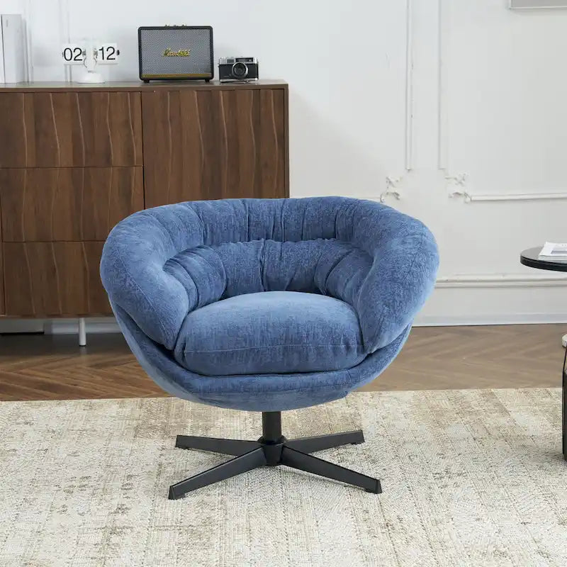 Chenille Upholstered 360 Swivel Club Chair/Accent Chair with Removable Cushion, Round Office Chair with Black Metal Base
