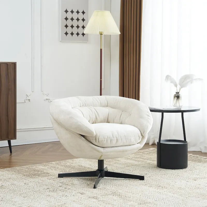 Chenille Upholstered 360 Swivel Club Chair/Accent Chair with Removable Cushion, Round Office Chair with Black Metal Base
