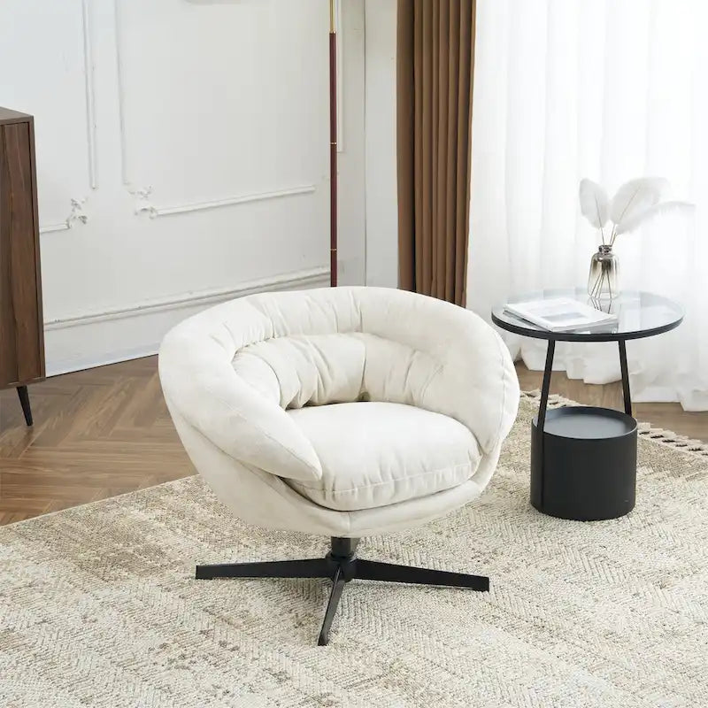 Chenille Upholstered 360 Swivel Club Chair/Accent Chair with Removable Cushion, Round Office Chair with Black Metal Base