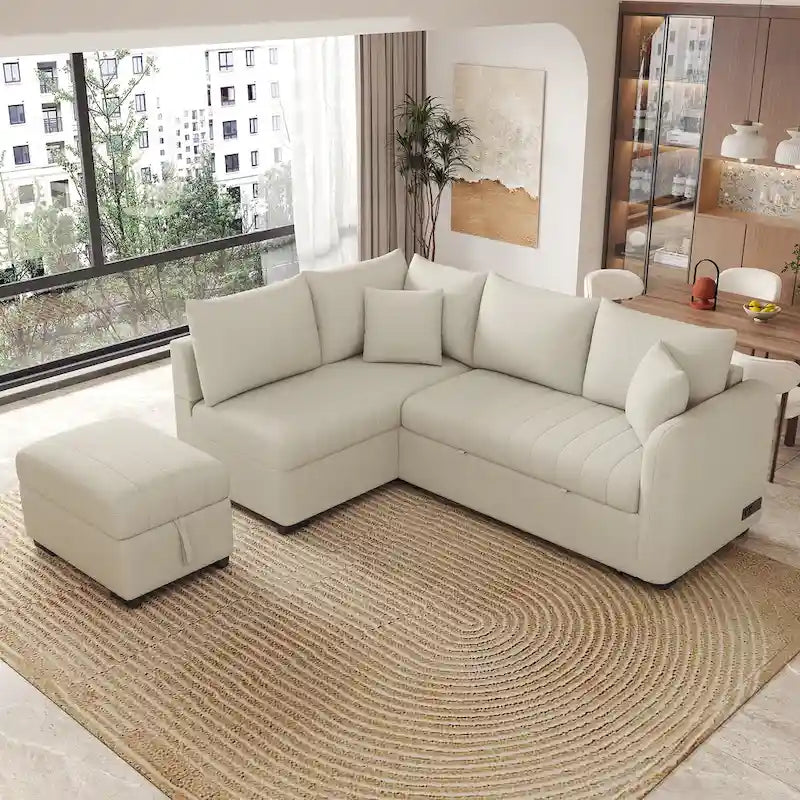 L-shaped Sectional Pull Out Sofa Bed Sleeper Sofa with Two USB Ports, Two Power Sockets