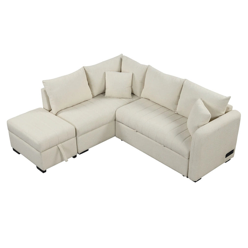 L-shaped Sectional Pull Out Sofa Bed Sleeper Sofa with Two USB Ports, Two Power Sockets