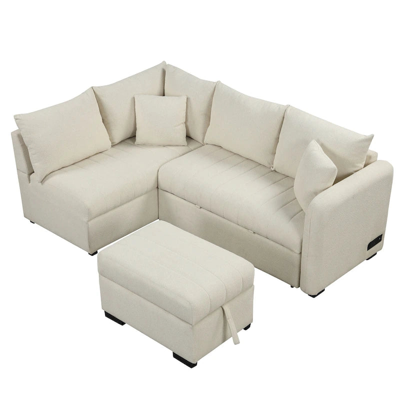 L-shaped Sectional Pull Out Sofa Bed Sleeper Sofa with Two USB Ports, Two Power Sockets