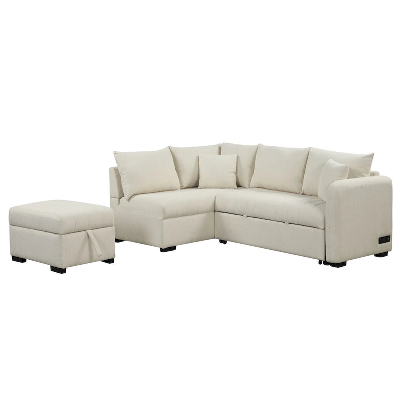 L-shaped Sectional Pull Out Sofa Bed Sleeper Sofa with Two USB Ports, Two Power Sockets