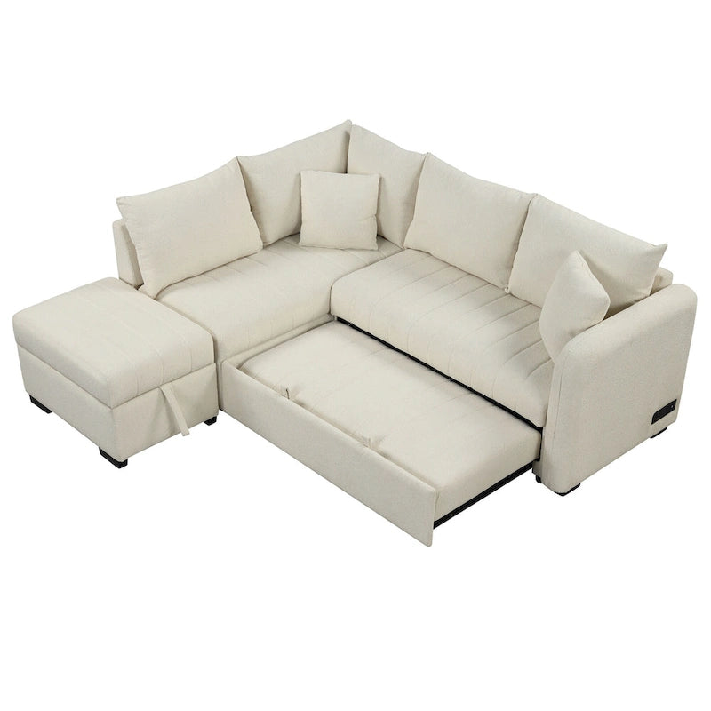 L-shaped Sectional Pull Out Sofa Bed Sleeper Sofa with Two USB Ports, Two Power Sockets