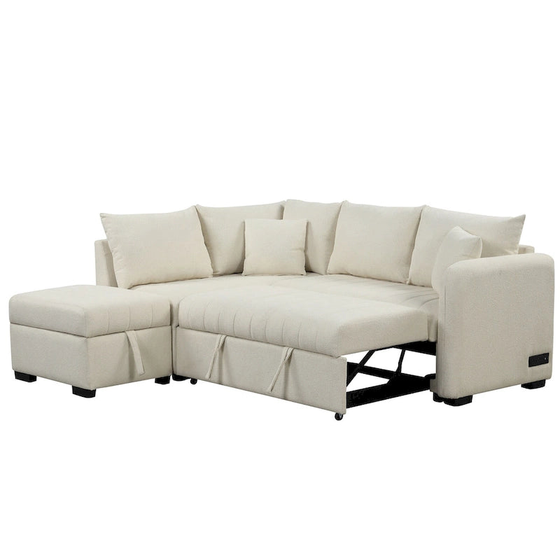 L-shaped Sectional Pull Out Sofa Bed Sleeper Sofa with Two USB Ports, Two Power Sockets
