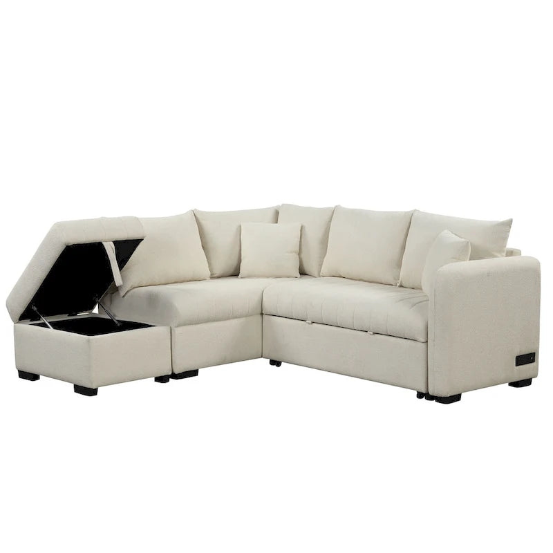 L-shaped Sectional Pull Out Sofa Bed Sleeper Sofa with Two USB Ports, Two Power Sockets