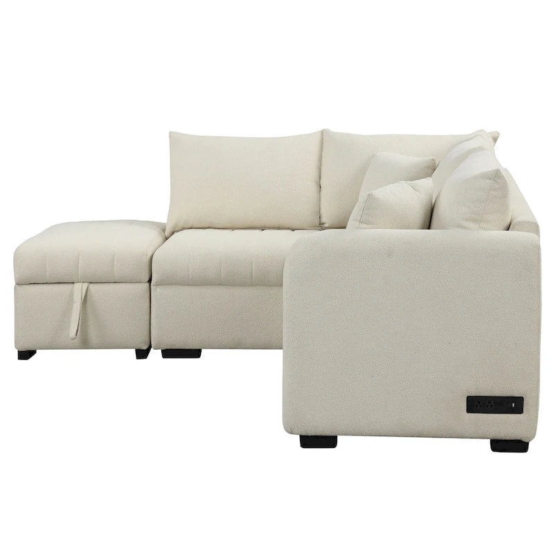 L-shaped Sectional Pull Out Sofa Bed Sleeper Sofa with Two USB Ports, Two Power Sockets