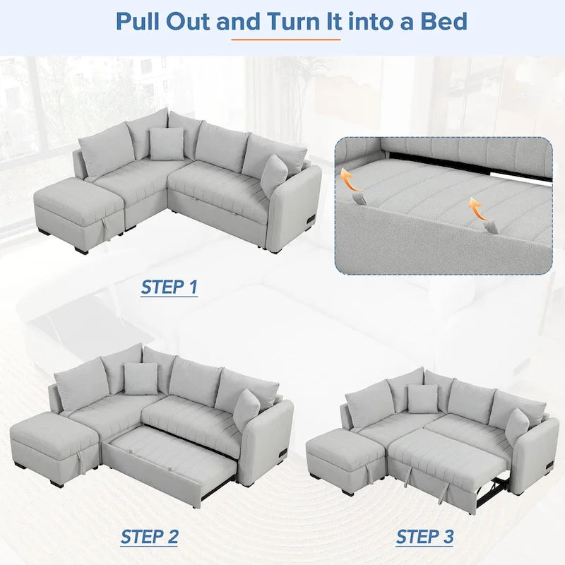 L-shaped Sectional Pull Out Sofa Bed Sleeper Sofa with Two USB Ports, Two Power Sockets