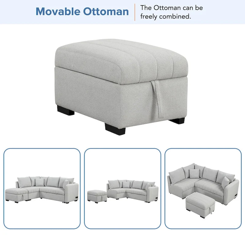 L-shaped Sectional Pull Out Sofa Bed Sleeper Sofa with Two USB Ports, Two Power Sockets