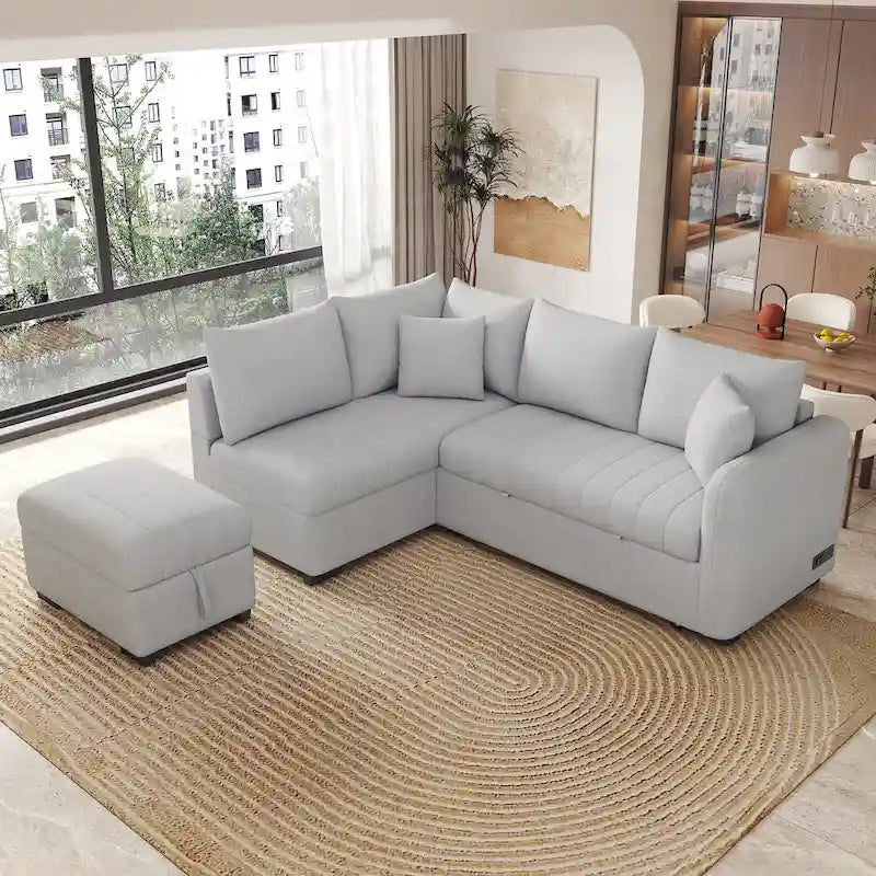 L-shaped Sectional Pull Out Sofa Bed Sleeper Sofa with Two USB Ports, Two Power Sockets