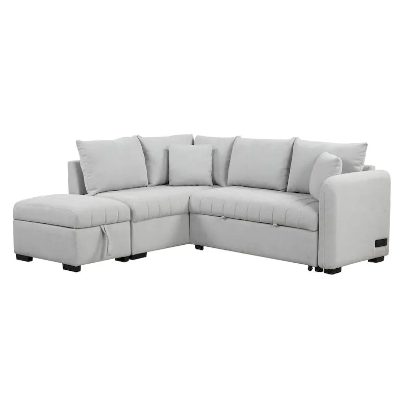 L-shaped Sectional Pull Out Sofa Bed Sleeper Sofa with Two USB Ports, Two Power Sockets
