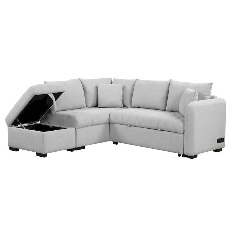 L-shaped Sectional Pull Out Sofa Bed Sleeper Sofa with Two USB Ports, Two Power Sockets