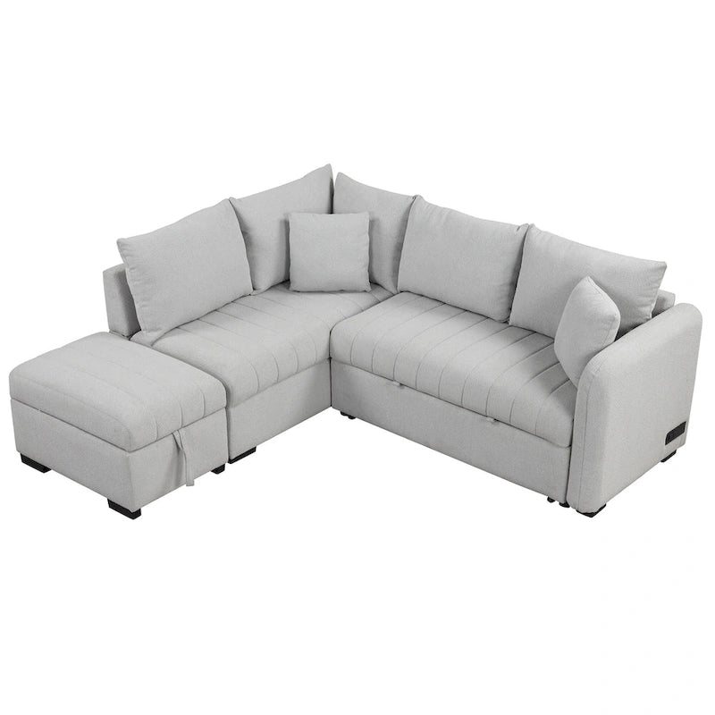 L-shaped Sectional Pull Out Sofa Bed Sleeper Sofa with Two USB Ports, Two Power Sockets