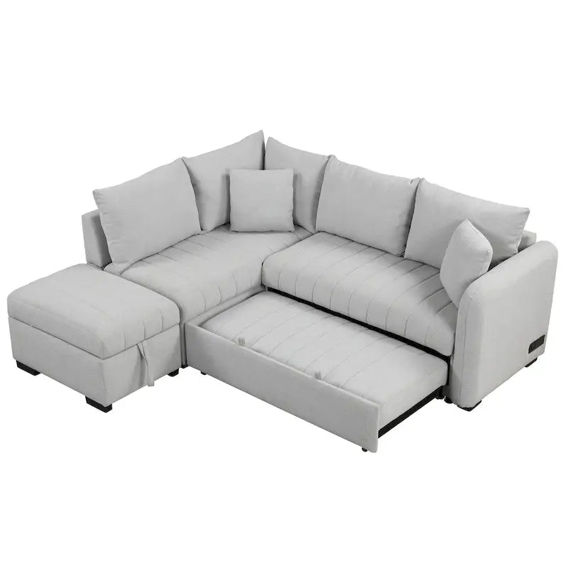 L-shaped Sectional Pull Out Sofa Bed Sleeper Sofa with Two USB Ports, Two Power Sockets