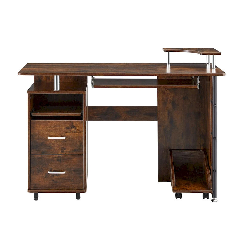 Traditional Curved Computer Desk with Keyboard Tray and Storage Shelves and Device Drawer for Small Home Office or Study Room