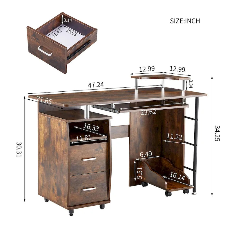 Traditional Curved Computer Desk with Keyboard Tray and Storage Shelves and Device Drawer for Small Home Office or Study Room